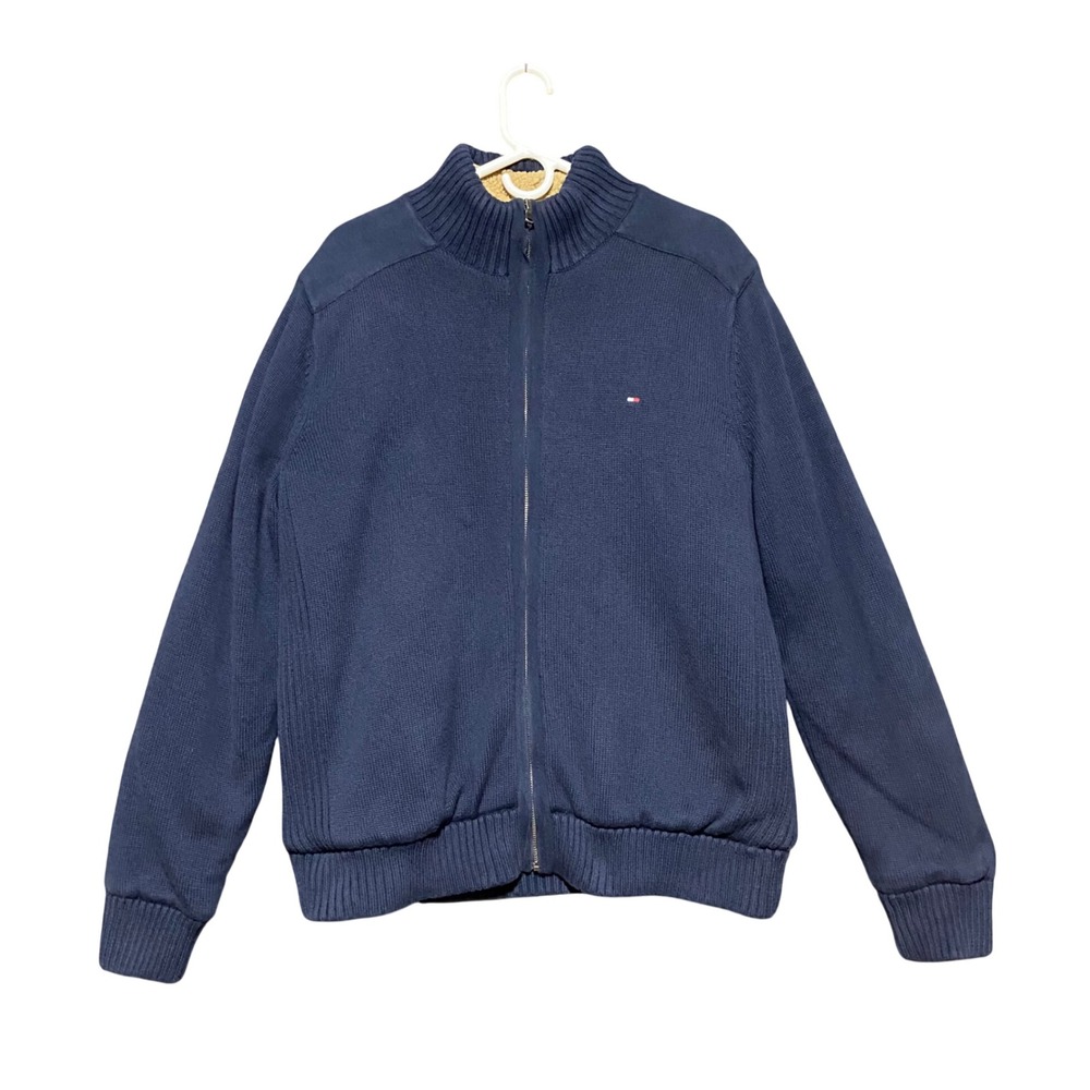 Tommy Hilfiger Mens Navy Sherpa Lined Full Zip Cardigan Sweater M Elbow Patches